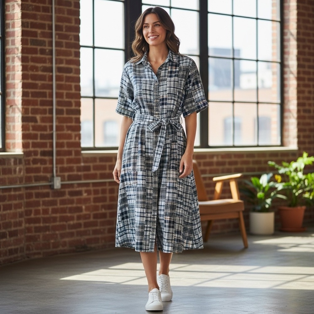 Cambridge Dry Goods Plaid Patchwork Shirt Dress Cotton Midi Blue Multi Size XL